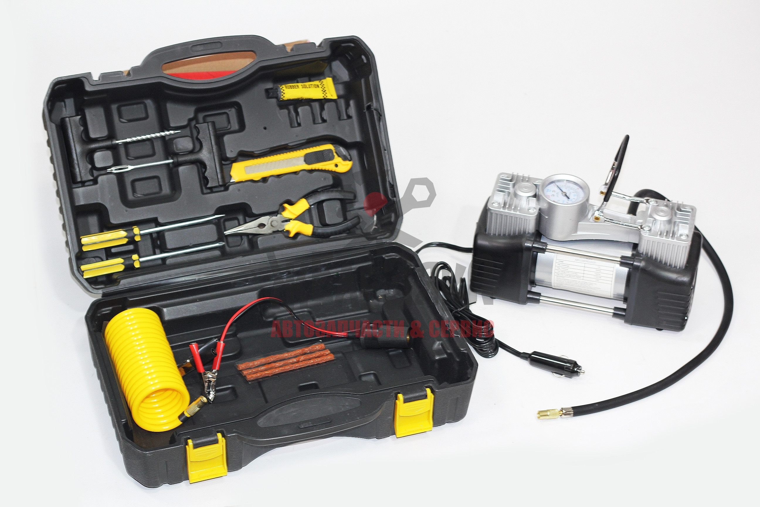 Компрессор автомобильный с набором инструмента 2-х поршн. CAMEL, 85 л/м,12V/30A, акк.заж., витой шл.