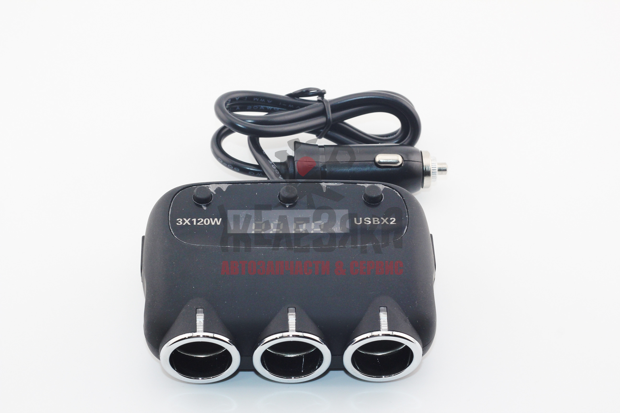 Разветвитель прикуривателя тройник+ 2USB с удлинителем 0,8м, вольтметр, амперметр, эл. табл 10A/120W